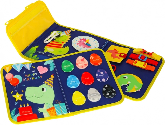 Montessori szenzoros manipulációs tábla dinoszaurusz mintával, kék