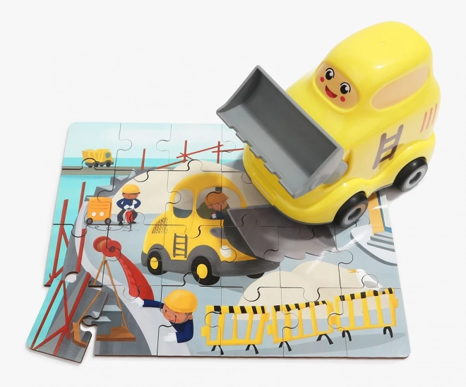 Top Bright Wooden Puzzle with Bulldozer Toy