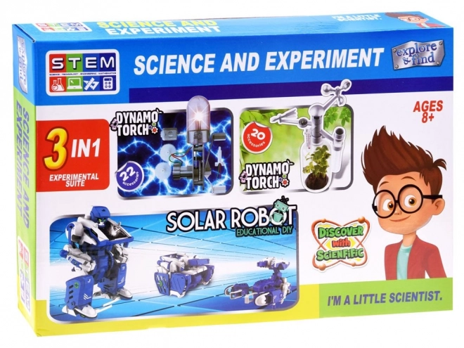 young scientist 3-in-1 kit with robot, dynamo and solar power