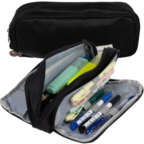 Stylish Black Triple Compartment Pencil Case