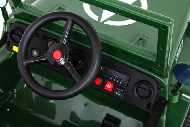 Retro military car for kids green + 4x4 drive + remote control + 2 luggage carriers + slow start + MP3 LED