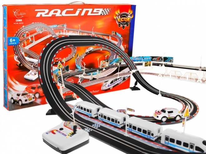 2-in-1 Race Track with Electric Train and Car for Kids 6+