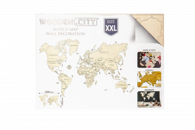 Dřevěná nástěnná 3D mapa světa XXL přírodní barvy