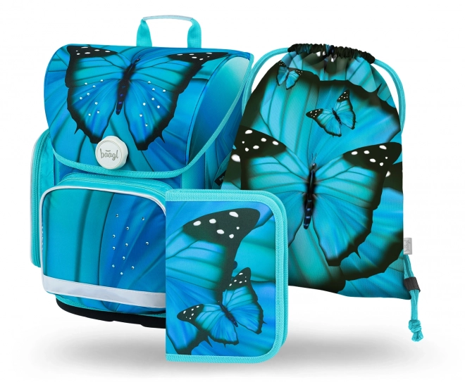 Baagl School Set with Ergo Backpack, Pencil Case, and Shoe Bag Butterfly