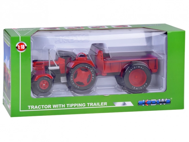 Red Metal Tractor with Trailer 1:18