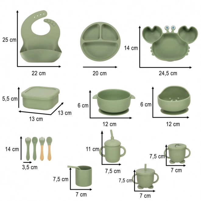 Silicone dinnerware set for children crab 19-piece green