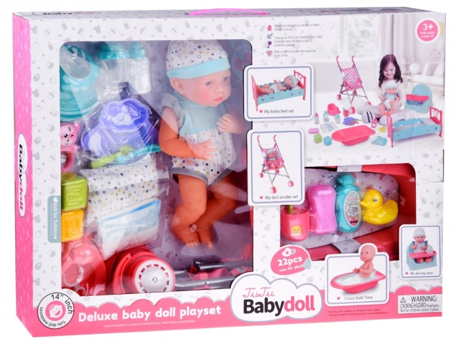 Baby Doll Set with Stroller, Cradle, and Bath Accessories