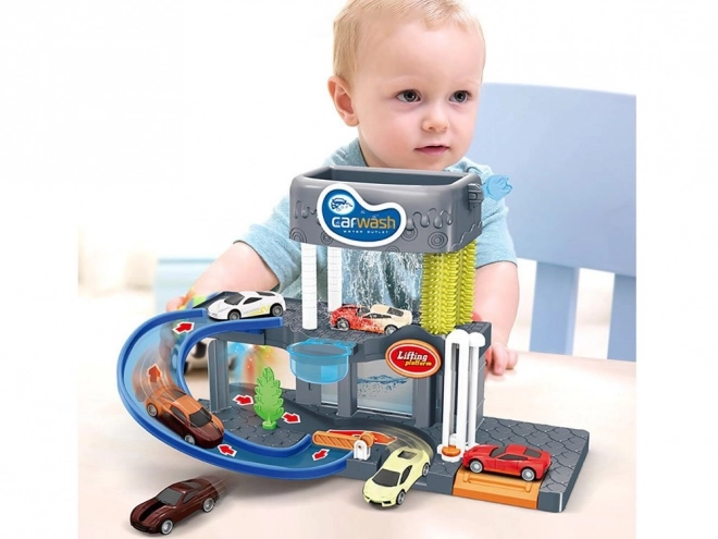 Two-Story Car Wash Garage with Toy Cars