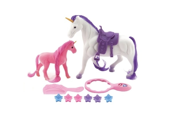 Unicorn Horse with Saddle and Foal Set