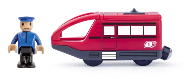 Battery-powered red locomotive with driver