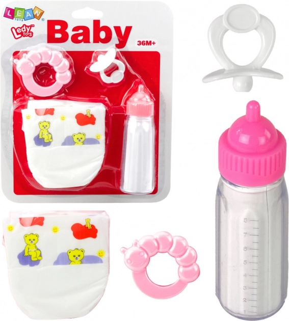 Set accessoires voor poppen met fles, speen, luier en rammelaar