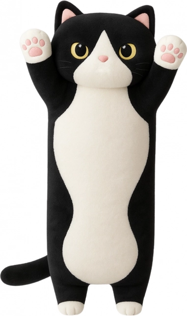 Oblong Plush Cat Pillow Black and White 70 cm