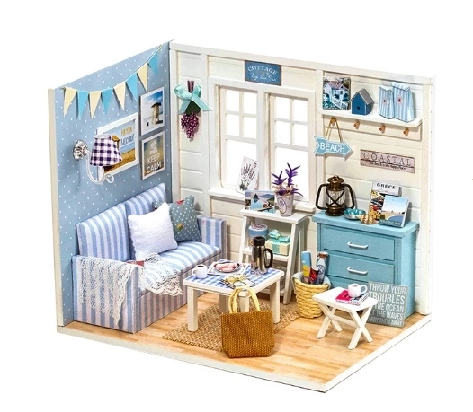 Wooden Dollhouse Living Room DIY Kit with LED