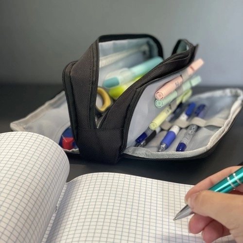 Stylish Black Triple Compartment Pencil Case