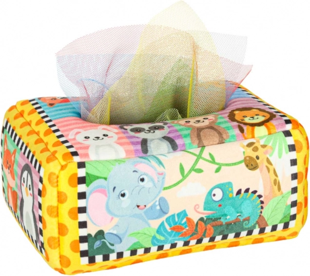 Boîte sensorielle Montessori avec mouchoirs colorés et animaux