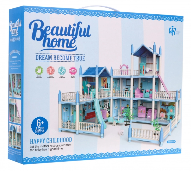 Three-story Dollhouse Blue Villa Gift for Girls 6+