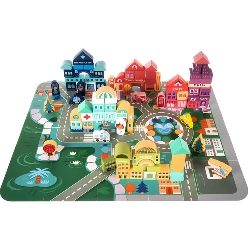 Wooden Building Blocks City Set with Sorter and Puzzle