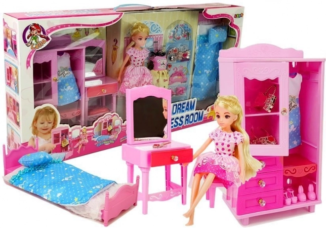 Doll Furniture Set with Bed, Wardrobe, and Vanity