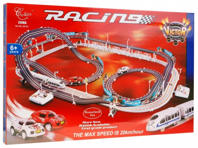 2-in-1 Race Track with Electric Train and Car for Kids 6+