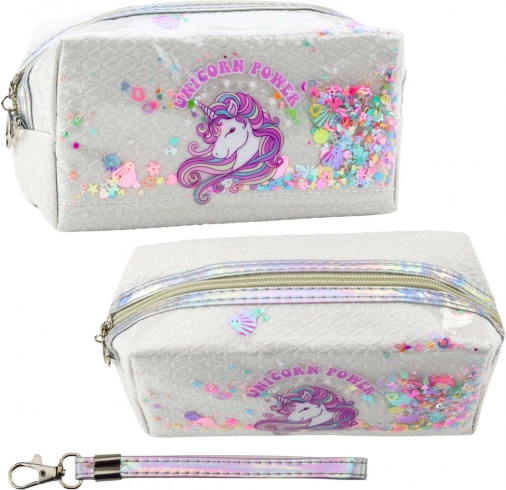 School pencil case with unicorn and confetti white 20 cm