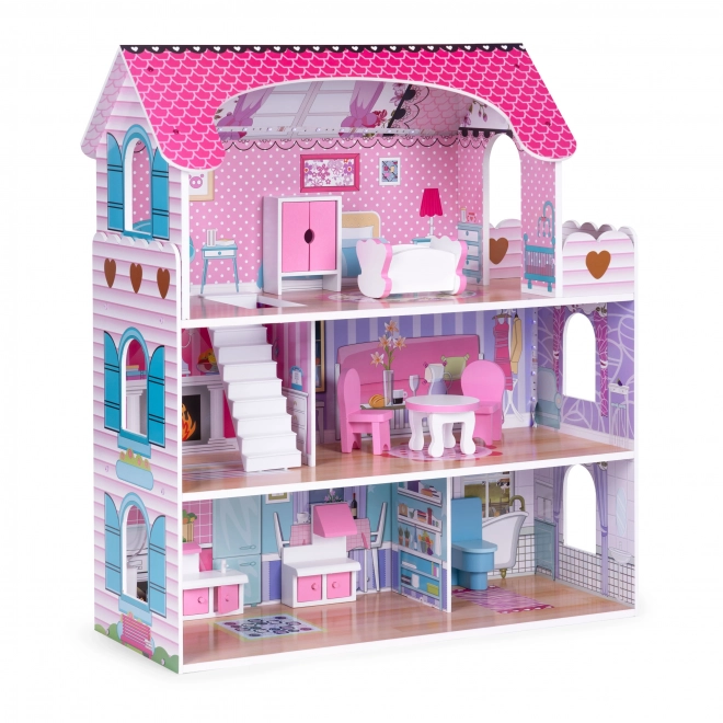 Wooden Dollhouse with LED Lighting and Furniture Set