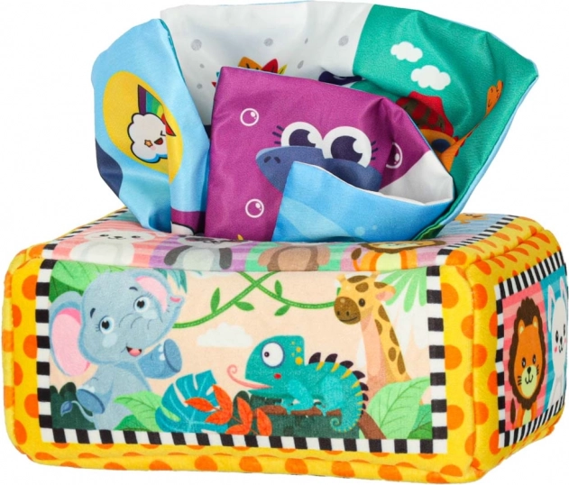 Boîte sensorielle Montessori avec mouchoirs colorés et animaux