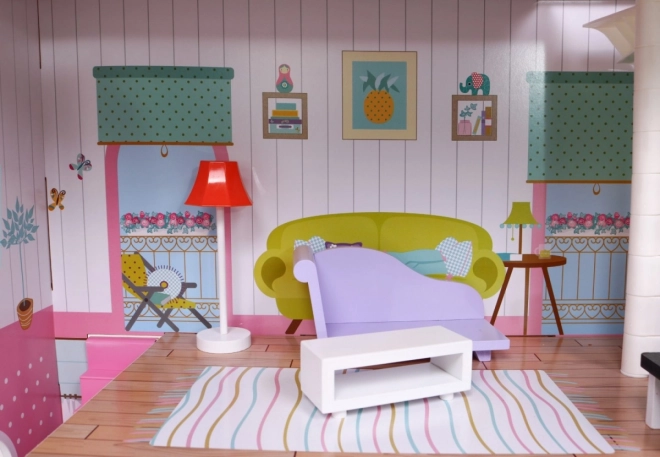 Wooden Dollhouse Pink for Kids 3+ with Equipment and Furniture