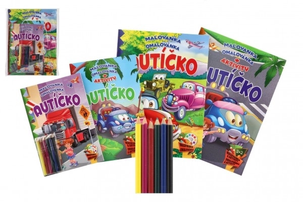 Dětské omalovánky a aktivity s autíčkem a pastelkami