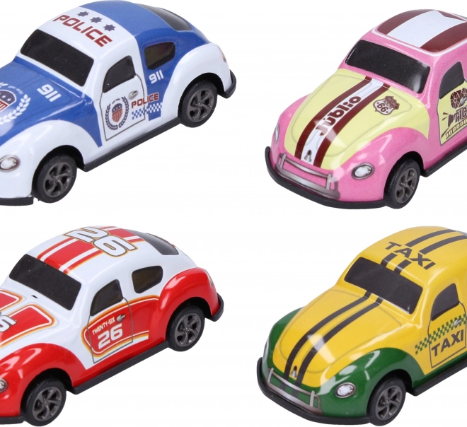 Set van 4 metalen raceautootjes, 7 cm, met terugtrekmechanisme