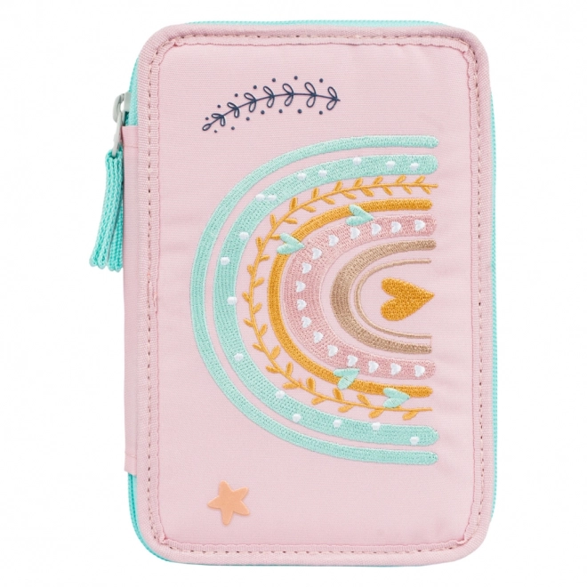 Pink Rainbow Three-Compartment School Pencil Case