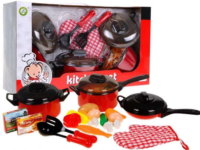 Red Chef Set for Kids 3+ With Pots, Cooking Utensils & Food Imitations