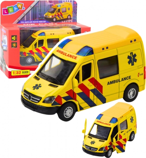 Ambulanza in metallo 1:32 con meccanismo pull-back, luci e suoni – gialla