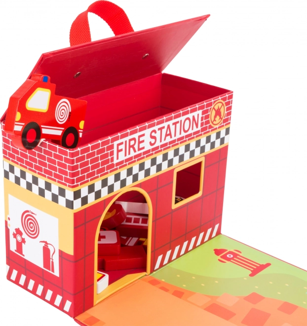 Kleine Fuß Holz Feuerwehrstation im Koffer
