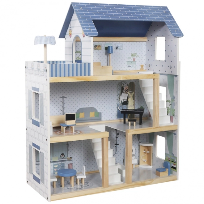 Wooden Blue Dollhouse with Furniture