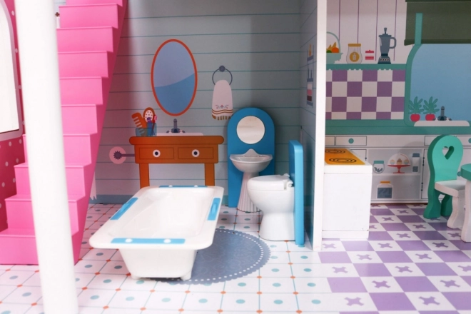 Wooden Dollhouse Pink for Kids 3+ with Equipment and Furniture