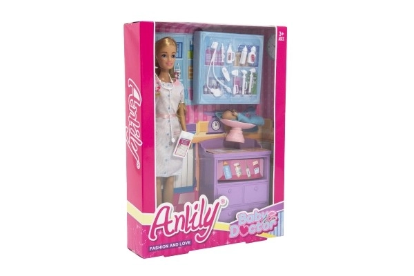 Bábika Anlily detská doktorka kĺbová 30cm plast s bábätkom s doplnkami v krabici 24x32x6cm