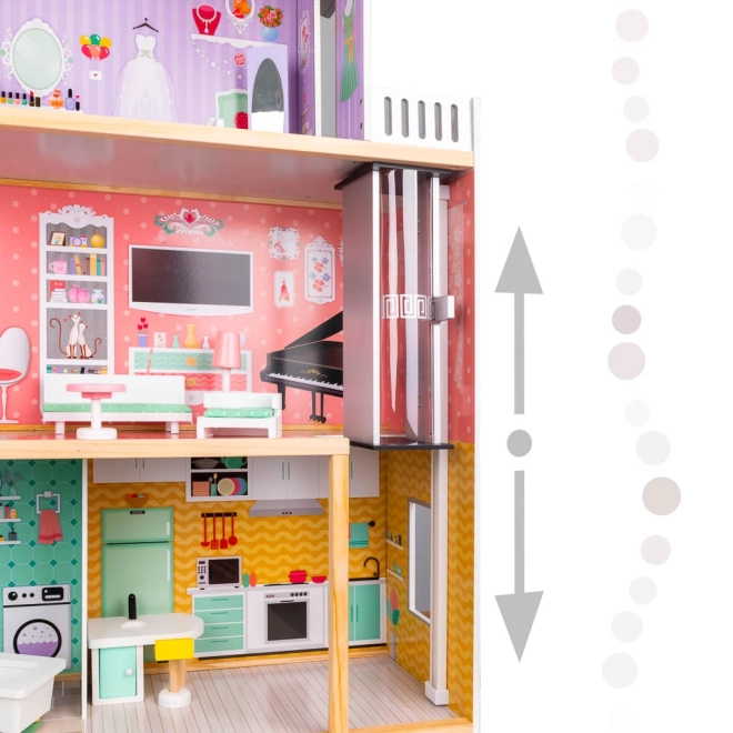 Wooden Dollhouse with Pastel Furniture