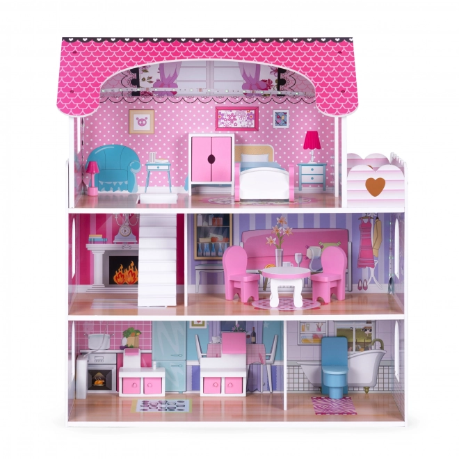 Wooden Dollhouse with LED Lighting and Furniture Set