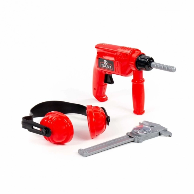 Red Tool Set Drill With Headphones And Caliper