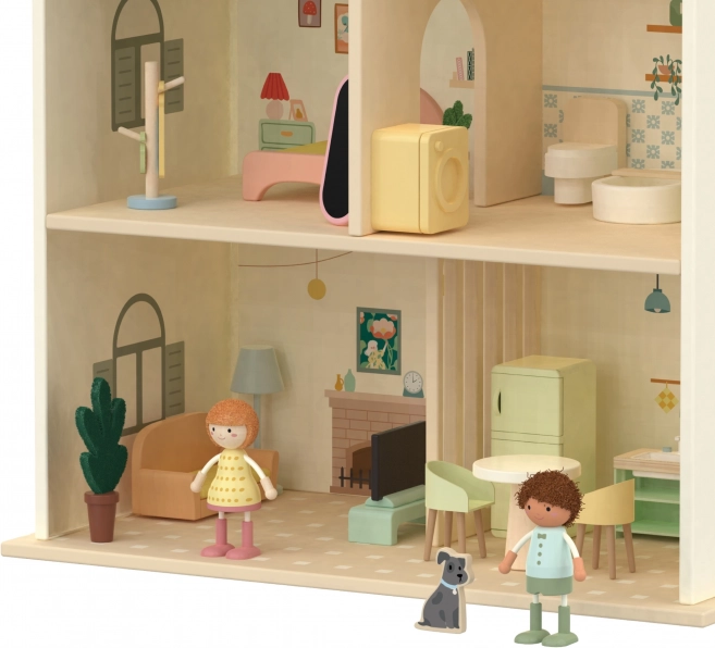 Large wooden dollhouse with furniture