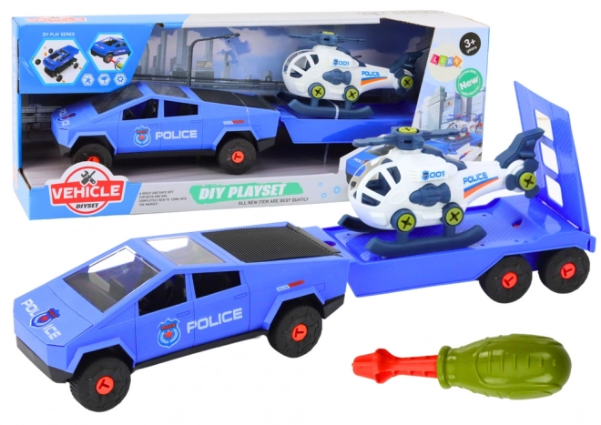 Modern Car Set with Helicopter and Trailer DIY Blue