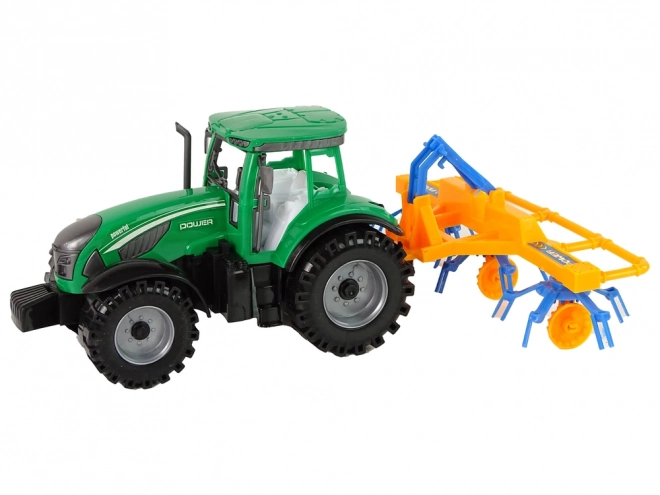 Green Tractor with Friction-Driven Hay Rake