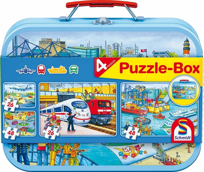 Schmidt Transport Puzzles 4-in-1 Tin Case