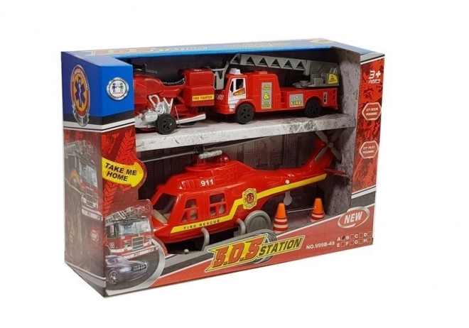 Fire Station Vehicle Set with Helicopter and Motorcycle