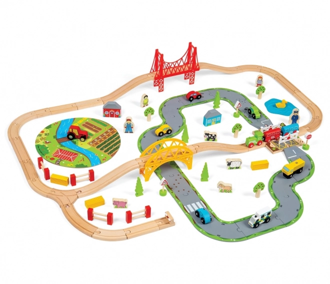 Bigjigs Rail Wooden Train Set with Country Road 80 Pieces