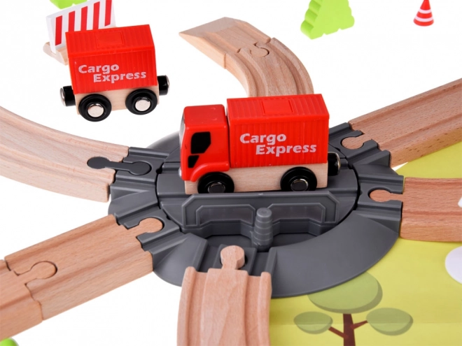 Wooden Train Set with Transport Base and Crane