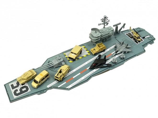 Large Military Aircraft Carrier with Planes and Vehicles