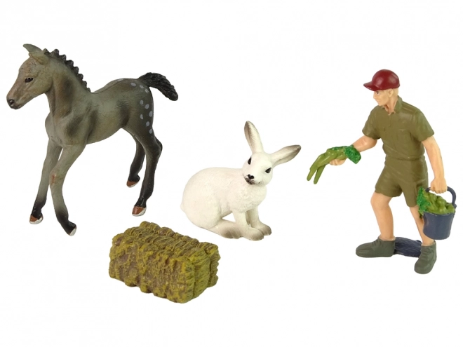 Animal Figurine Set Horse Gray Rabbit Farmer