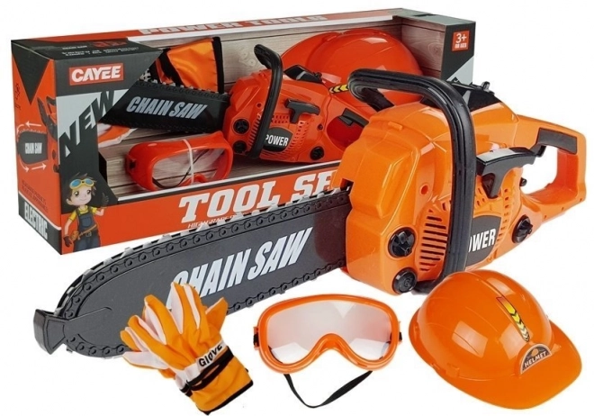 Children's Toy Tool Set with Saw, Helmet, Glasses, and Gloves