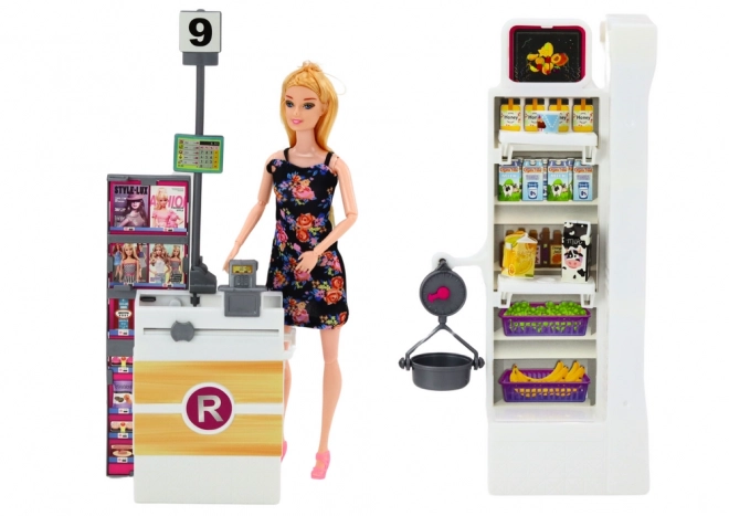 Doll Supermarket Set with Shelves and Shopping Cart